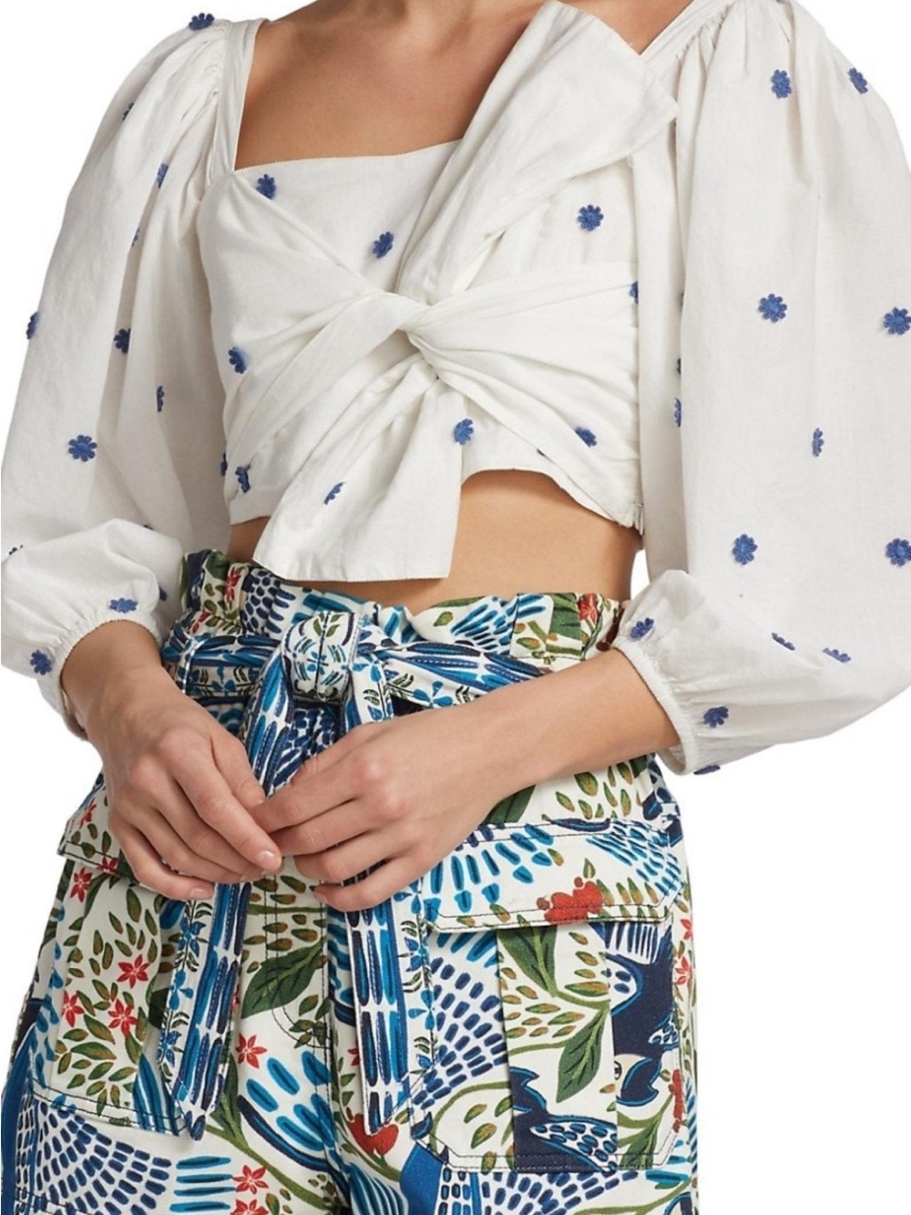 FARM Rio White Cropped Twist-Front Top with Blue Floral Embroidery